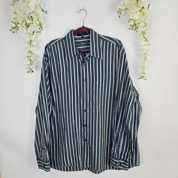 Alan Flusser XL Striped Dress Shirt Button UP Blue Green Cotton Men Professional - Picture 4 of 10